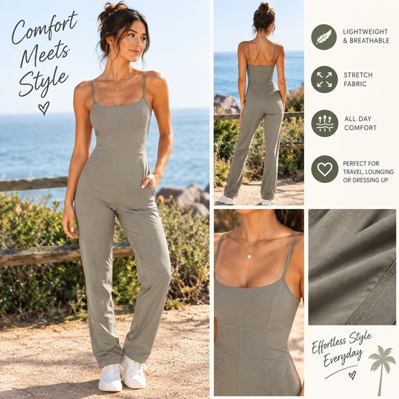 Better Together Pants - Better Together Taupe Grey Cami Jumpsuit XL Adjustable Straps DK5504 Activewear